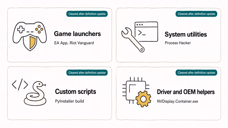 Four cards showing IDP.Generic false positives in launchers utilities scripts and drivers