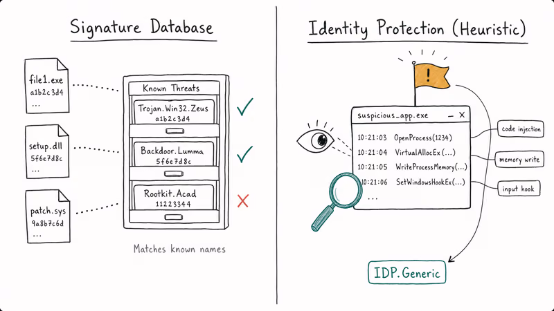 Diagram contrasting signature matching with behavior monitoring behind the IDP.Generic label