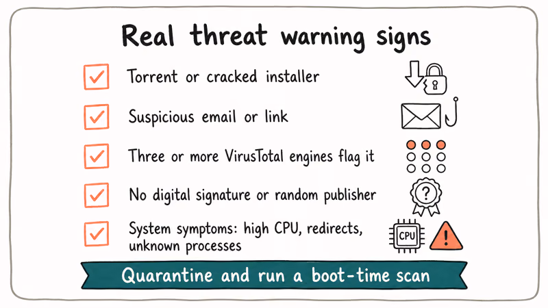 Checklist of real threat warning signs including torrent downloads suspicious emails and unsigned files