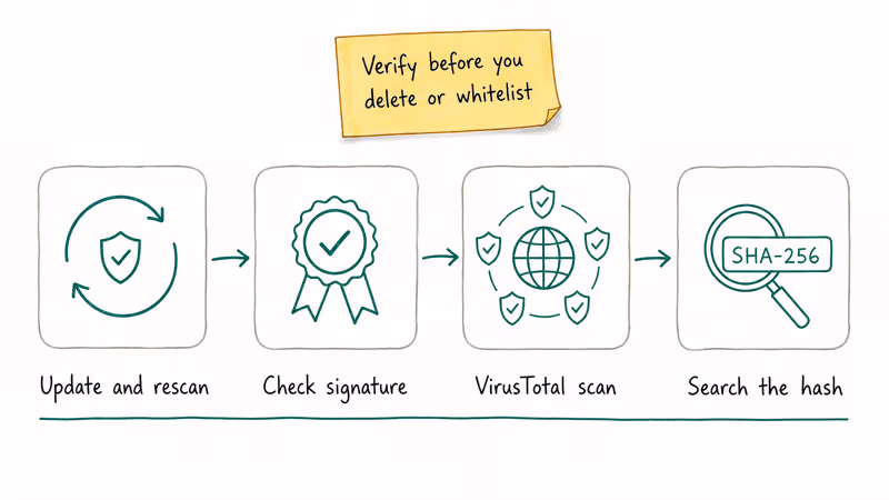 Hand-drawn four-step verification flow updating definitions checking signature scanning VirusTotal and searching hash