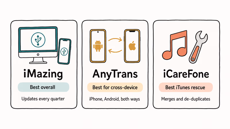 Three product cards showing iMazing, AnyTrans, and iCareFone with each tool's best-fit use case.