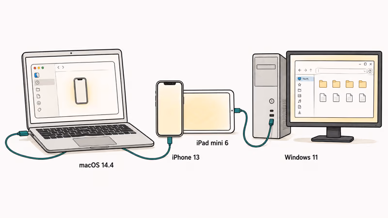 Hand-drawn MacBook and Windows PC connected by USB cables to iPhone and iPad.