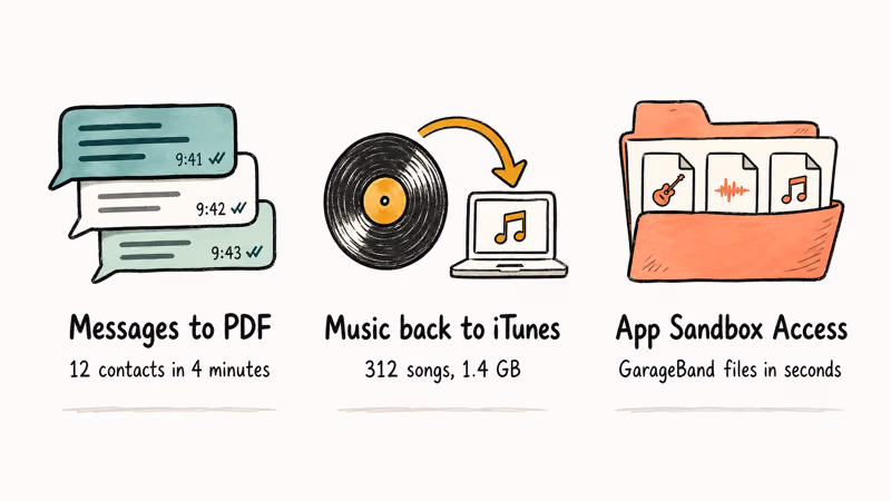 Three icon cards showing iExplorer strengths: messages export, music transfer, app sandbox access.