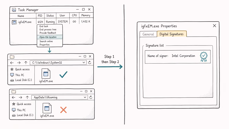 Two panel diagram showing how to verify igfxEM file location and digital signature on Windows
