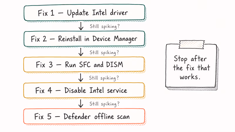 Vertical flowchart of five igfxEM high CPU fixes ordered by speed and likelihood of success