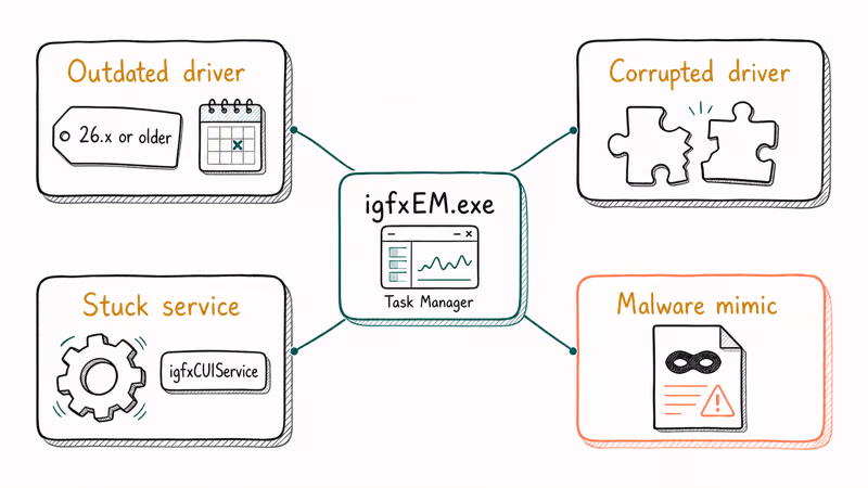 Four cause cards around igfxEM showing outdated drivers service loops and malware