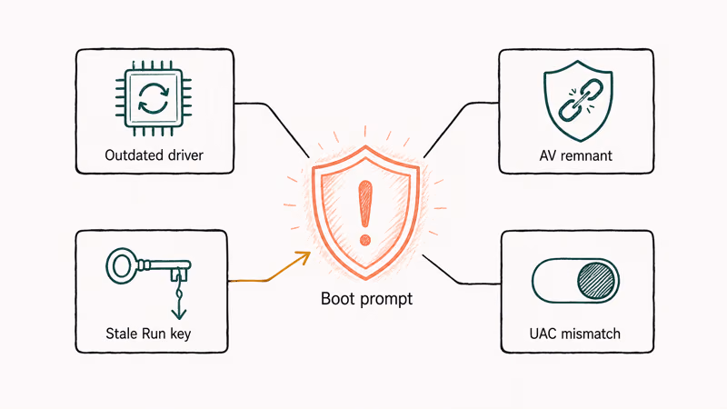 Diagram of four common causes behind the igfxTray startup security prompt on Windows.