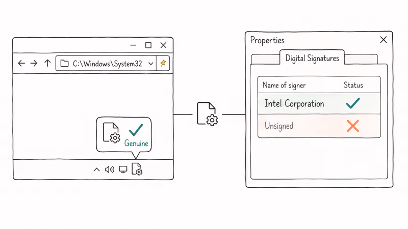 Hand-drawn diagram comparing genuine igfxTray location and signature against a fake unsigned copy.