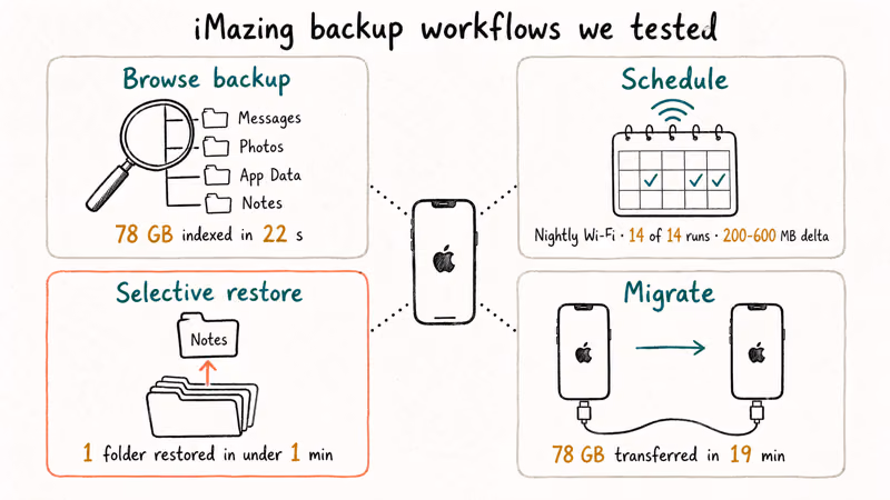 Hand-drawn infographic showing four iMazing iPhone backup workflows with timing data and sizes