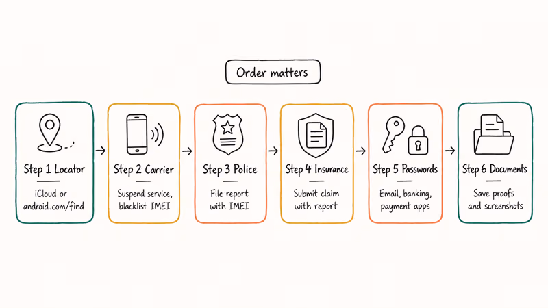 Six-step recovery sequence for a lost or stolen smartphone