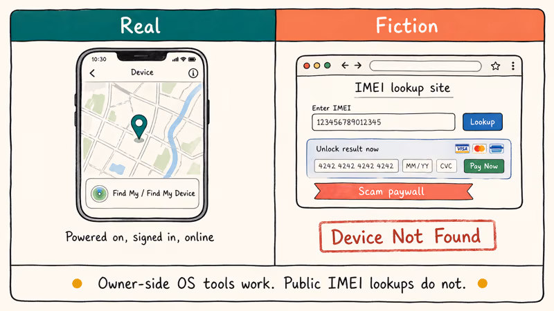 Find My works for owners while IMEI lookup sites mostly return scams