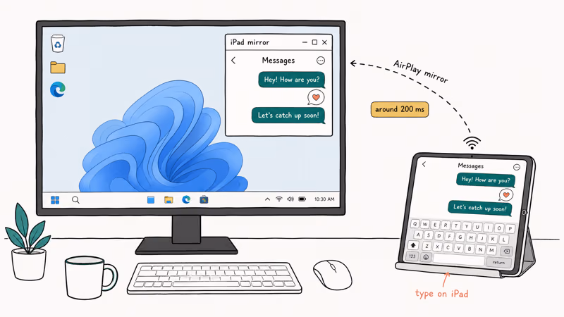 Hand drawn iPad mirroring iMessage to Windows monitor over wireless screen mirroring.