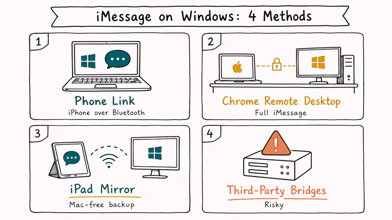 Hand drawn comparison grid showing four methods to use iMessage on Windows.