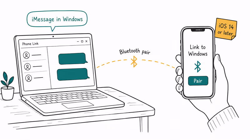 Hand drawn diagram of iPhone pairing with Windows laptop over Bluetooth Phone Link.