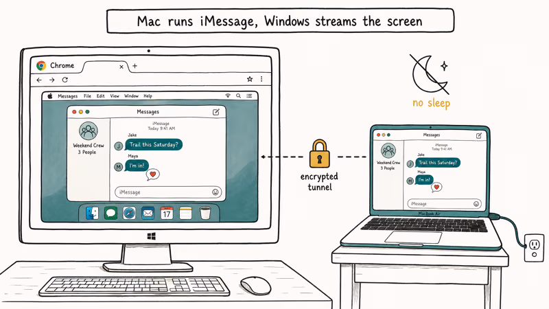 Hand drawn Windows PC streaming Mac iMessage through Chrome Remote Desktop.