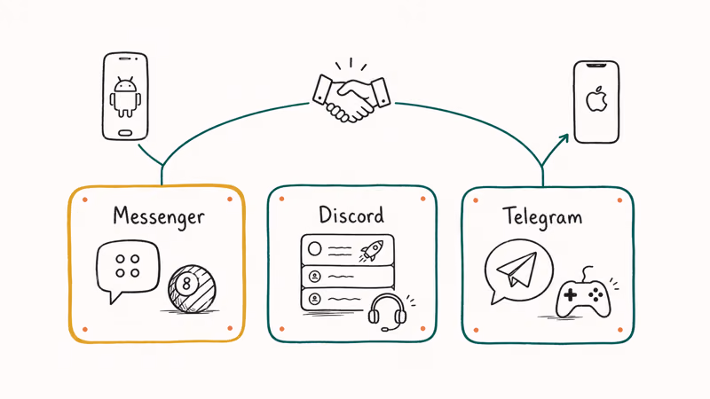 Hand-drawn lineup of Messenger Discord and Telegram bridging Android and iPhone chat games