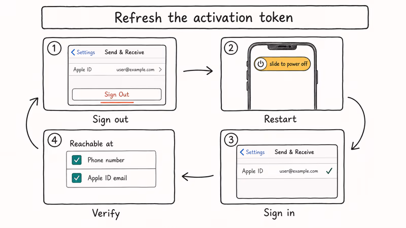 Hand-drawn loop showing Apple ID sign out restart sign in and settings verification
