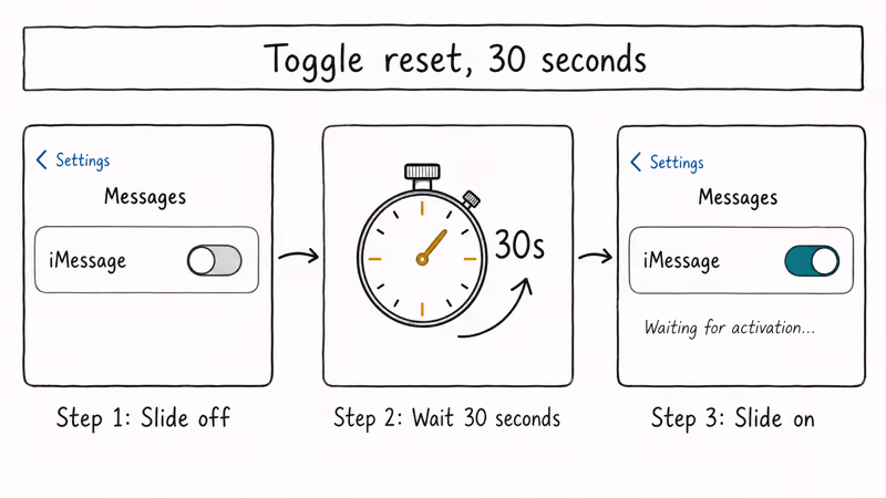 Hand-drawn three-step storyboard showing iPhone Settings iMessage toggle reset with 30 second pause