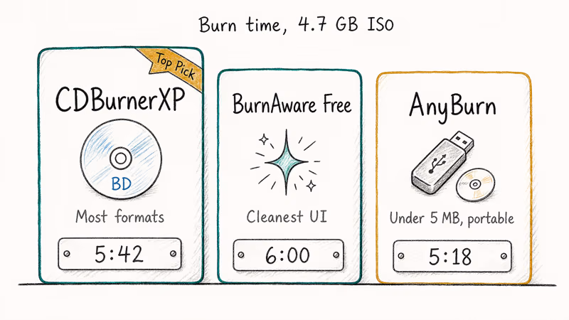 Three hand-drawn cards comparing CDBurnerXP, BurnAware Free, and AnyBurn with burn-time metrics for each.