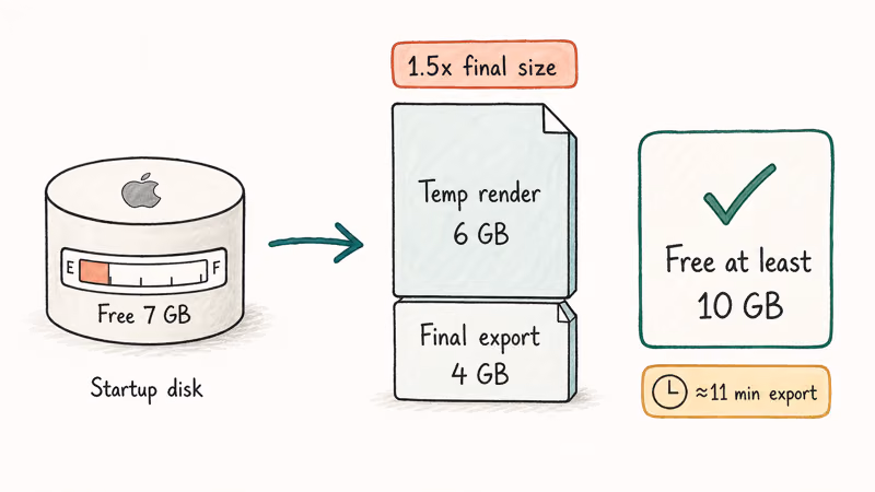 Hand-drawn diagram of iMovie temp render at 1.5x export size on Mac startup drive