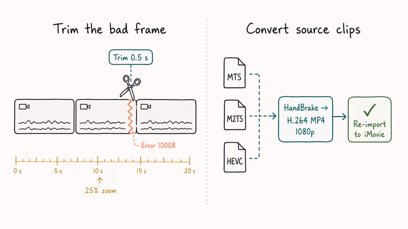 Split diagram showing iMovie clip trimmed and source clips converted to H264 MP4
