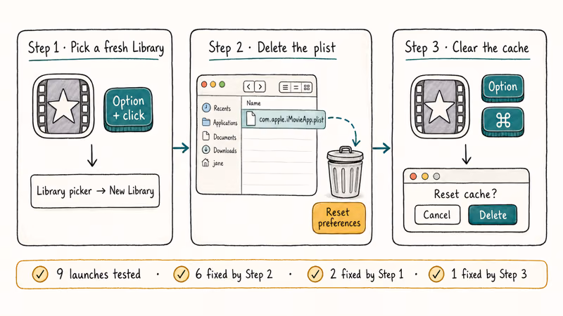 Three-step flow showing library picker, preferences reset, and cache reset for iMovie launch crashes
