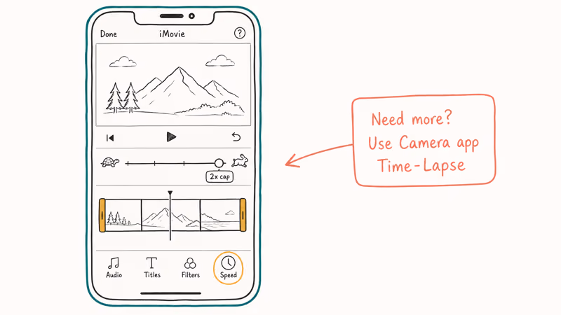 Hand-drawn iPhone showing iMovie clock icon and turtle-to-rabbit slider at 2x cap