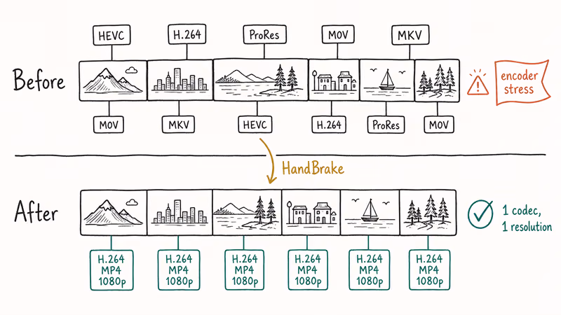 Hand-drawn before-and-after timelines comparing mixed codec chaos with unified H.264 MP4 clips