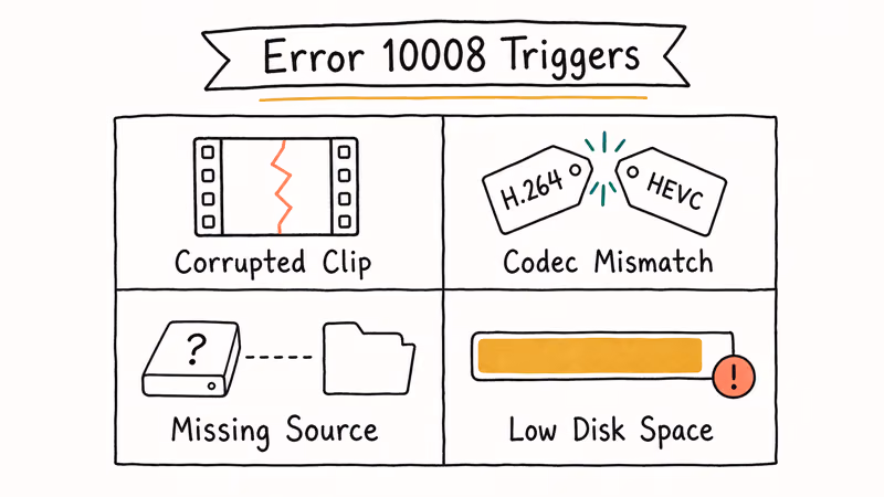 Hand-drawn grid of four iMovie error 10008 root causes with simple labeled icons