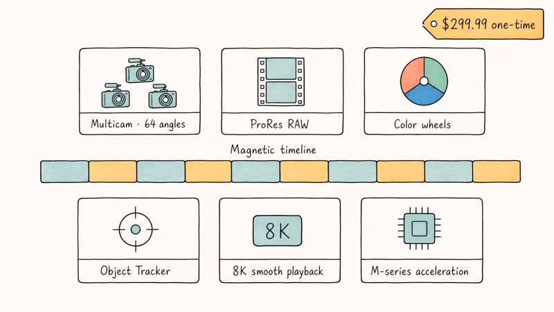 Hand-drawn Final Cut Pro feature grid showing multicam, ProRes RAW, color wheels, and Object Tracker