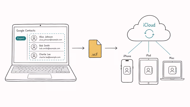 Diagram of Gmail vCard exporting to iCloud and syncing across iPhone, iPad, and Mac.