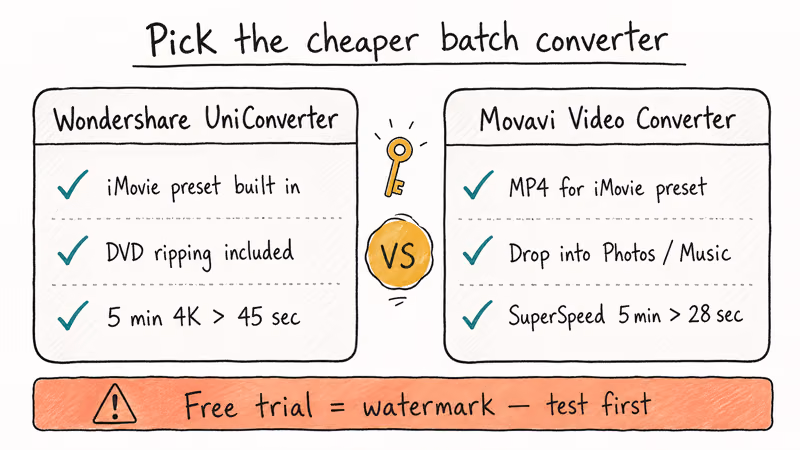 Side-by-side comparison of Wondershare UniConverter and Movavi Video Converter for iMovie batch jobs