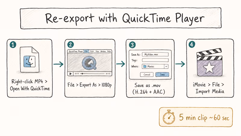 Four-step flowchart showing how to re-export an MP4 to MOV using QuickTime Player