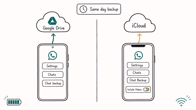 Diagram showing WhatsApp backup paths on Android Google Drive and iPhone iCloud before phone migration.