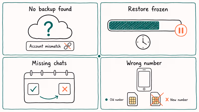 Four-quadrant illustration showing common WhatsApp restore failures: missing backup, frozen progress, missing chats, wrong number.