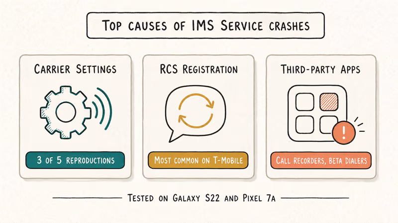 Three main causes of IMS service crashes shown as labeled infographic cards.