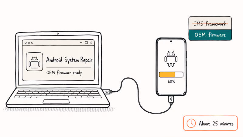 Android repair tool workflow showing phone connection, firmware download, and IMS framework rewrite.