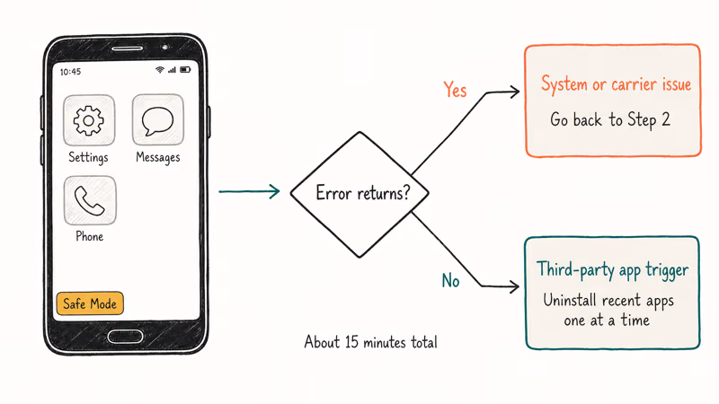 Safe Mode diagnosis flow with decision branches for isolating bad third-party apps.