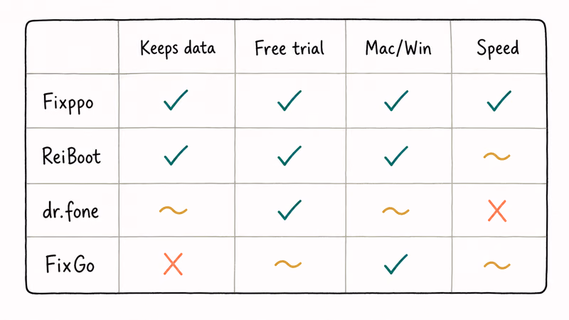 Comparison matrix showing Fixppo against ReiBoot, dr.fone, and FixGo across four feature criteria.