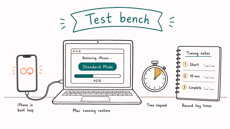 Hand-drawn test bench showing iPhone in boot loop tethered to a laptop running iMyFone Fixppo with stopwatch and