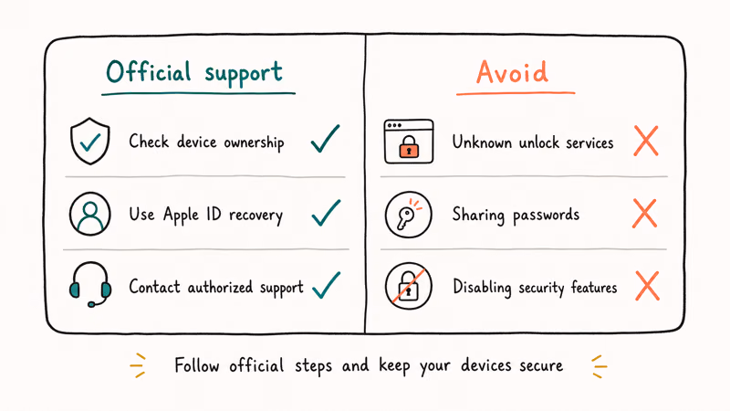 Two column panel showing what iMyFone iBypasser does and does not do for activation lock bypass on iPhones