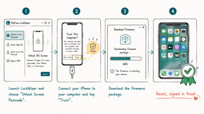 Four-panel desktop flow running LockWiper to unlock an iPhone passcode through firmware download and reset