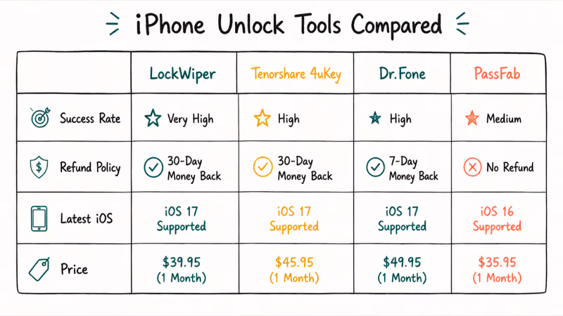 Four-column unlock tools table comparing LockWiper Tenorshare Dr Fone PassFab on rate refund iOS price
