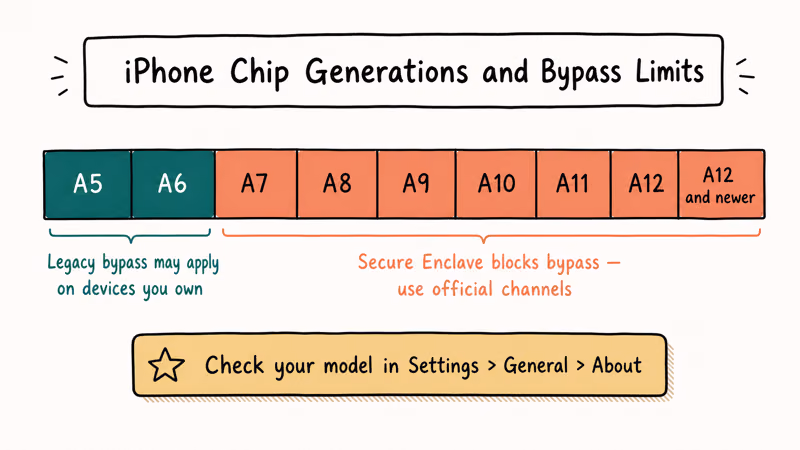 Timeline of iPhone chip generations showing legacy A5-A6 versus modern Secure Enclave compatibility.