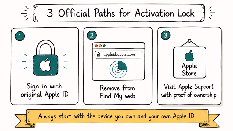 Three official ways to clear iCloud activation lock including Apple ID sign-in Find My web and Apple Support.