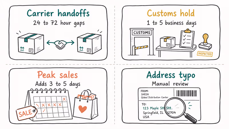 Four cards show carrier customs sales and address delay causes