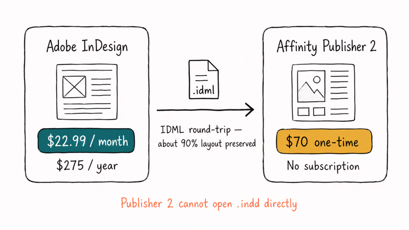 Cost and workflow comparison of Adobe InDesign monthly plan versus Affinity Publisher 2 one-time purchase.