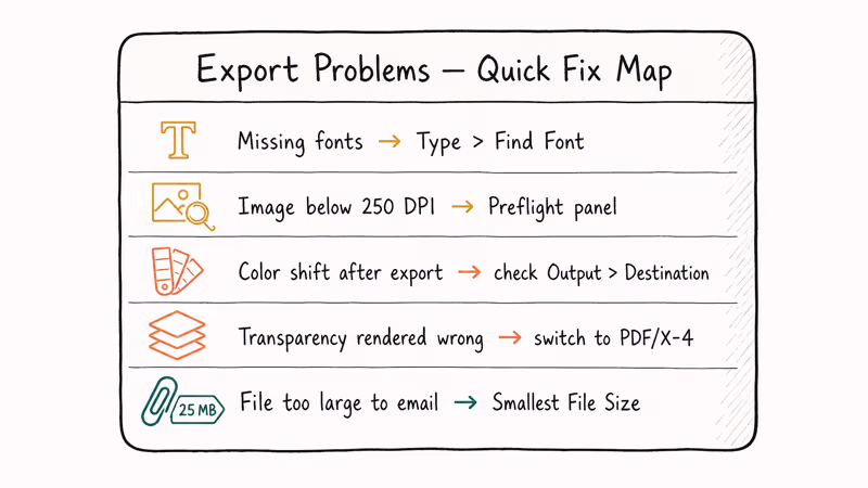 Checklist for missing fonts low resolution images color shifts and oversized PDF files.