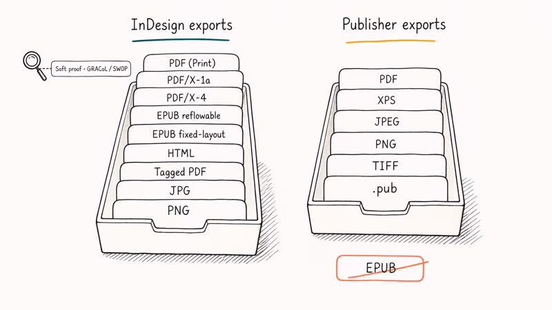 Side by side comparison of InDesign and Microsoft Publisher supported export formats including missing EPUB.