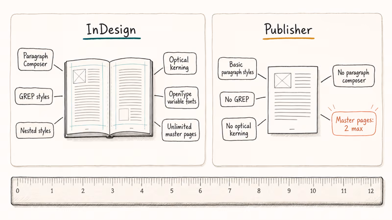Hand-drawn comparison of InDesign typography controls versus Microsoft Publisher style limits and master page cap.